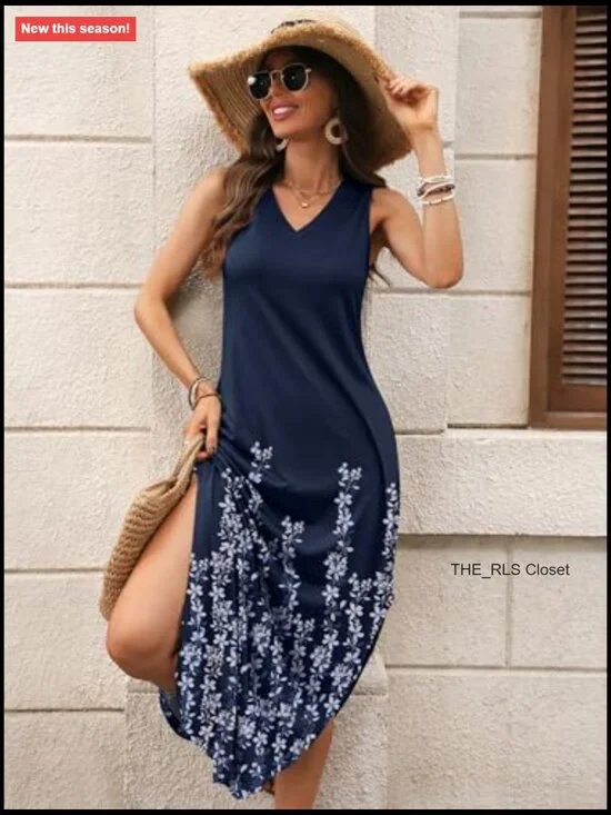 Maxi Dress with Pockets, V Neck, Sleeveless, Loose Fit, Rayon Polyester Blend - Picture 2 of 7